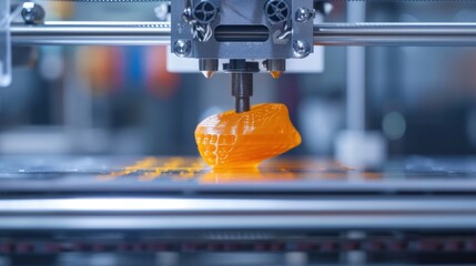Poster - Automatic three dimensional printer is creating an orange prototype of plastic in the laboratory, representing innovative production and rapid prototyping