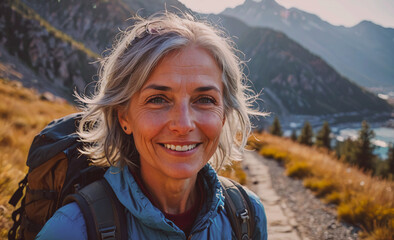 Poster - A woman with a backpack and a smile on her face. She is wearing a blue jacket and has a grey hairdo