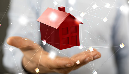 Poster - home iot - Neural network 3D illustration. Big data and cybersecurity