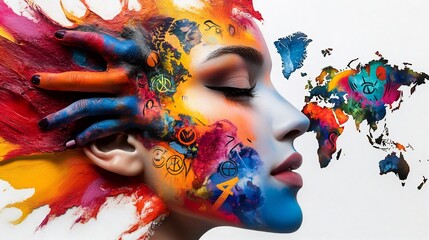 Wall Mural - Colorful face paint art with world map.