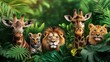 © nur - Giraffes, lion, tigers in lush jungle foliage.