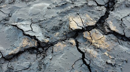 A close-up view of cracked, dry soil, showcasing the effects of drought and erosion with a textured, grey surface.