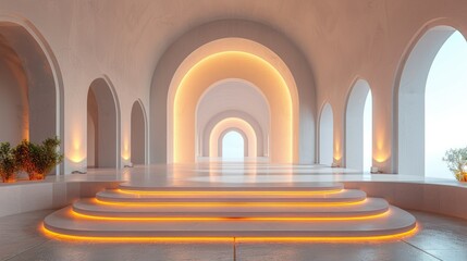 Poster - Illuminated arches and stairs in a minimalist white building.