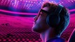 © artchvit - Sports technology streams via networks. Listening to music with headphones in neon lights
