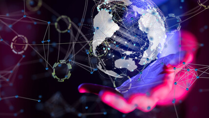 Poster - world Global network. Blockchain. 3D illustration. Neural networks and artificial intelligence. Abstract