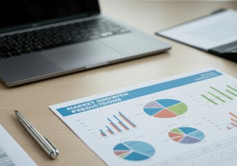 Poster - Market growth predictions report with charts and graphs displayed on a desk, next to a laptop and a pen, suggesting business analysis and financial planning