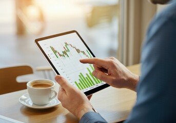 Poster - Businessman analyzing stock market data and financial charts on a digital tablet while enjoying a coffee in a cafe