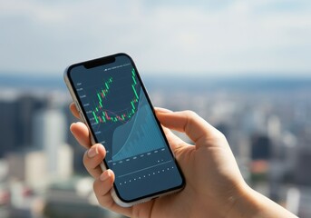 Poster - Hand holding smartphone displaying stock market data, with cityscape in background