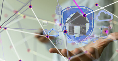 Poster - home iot - Neural network 3D illustration. Big data and cybersecurity - 3d
