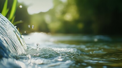 Poster - gentle water droplets cascade from a stream surrounded by lush greenery in a peaceful natural settin