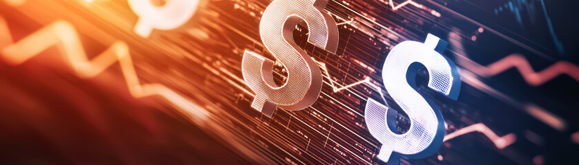 Poster - Digital hologram of global currency symbols with dollar signs, representing financial growth and market trends. vibrant colors and dynamic lines evoke sense of innovation and economic progress