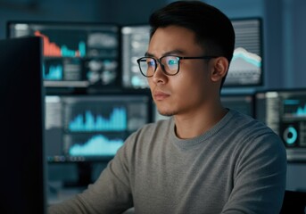 Poster - Asian male financial analyst working late at night analyzing charts and graphs on multiple computer screens