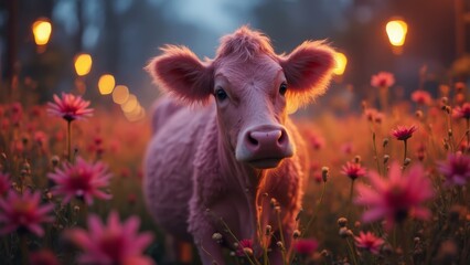 Sticker - A pink cow standing in a field of flowers