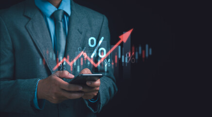 interest rates and inflation, debt rates, finance concept, businessman holding phone showing financi