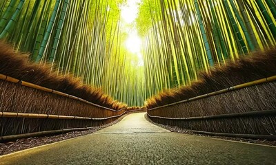 Wall Mural - A serene bamboo forest pathway illuminated by sunlight, inviting exploration and tranquility.
