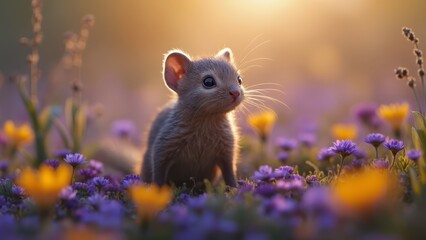 Sticker - A small mouse sitting in a field of flowers