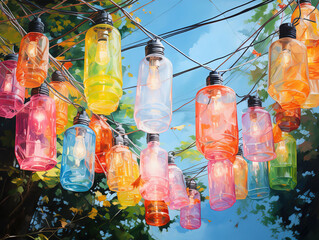 awesome green yellow red silver and blue paper latern backround old dark wood magic beautiful photo