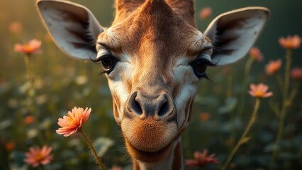 Sticker - A close up of a giraffe with a flower in its mouth