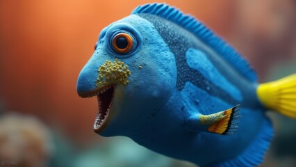 Wall Mural - A close up of a blue and yellow fish with its mouth open