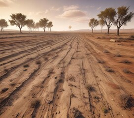 Wall Mural - Barren field with a few trees as far as the eye can see , empty, countryside