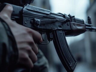 Military AK-47 Rifle in Focus with Out of Focus Background