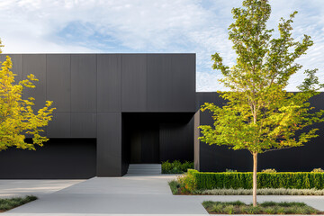 sleek suburban residence features clean architecture with modern black facade, surrounded by lush greenery and well maintained landscape. design emphasizes simplicity and elegance