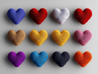 Wall Mural - A group of crocheted hearts in various colors on a gray surface