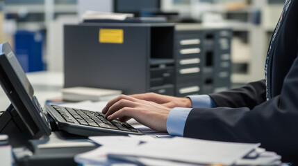 Poster - A man is typing on a laptop computer