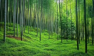 Wall Mural - A serene bamboo forest with tall green stalks and lush undergrowth, evoking tranquility and natural beauty.