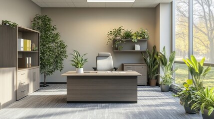 Poster - Modern office setup with natural light from a large window, a clean desk, ergonomic chair, and vibrant plants