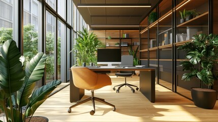 Poster - Modern office setup with natural light from a large window, a clean desk, ergonomic chair, and vibrant plants