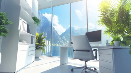 Poster - Modern office setup with natural light from a large window, a clean desk, ergonomic chair, and vibrant plants