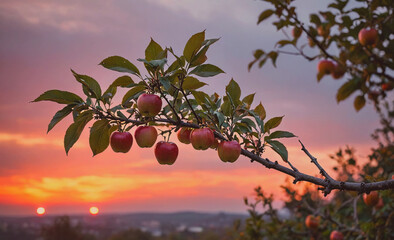 Poster - A tree branch with apples hanging from it. The sky is orange and the sun is setting. The apples are ripe and ready to be picked