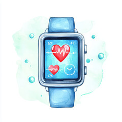 Poster - watercolor of smartwatch displaying heart rate data, featuring red heart icons and blue strap. background has soft, light blue wash, enhancing tech aesthetic