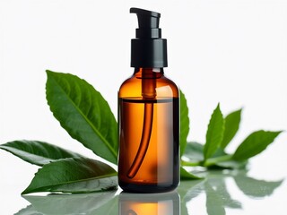 Poster - Amber pump bottle with green leaves mockup