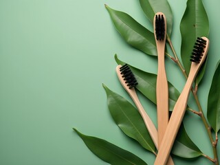 Poster - Bamboo toothbrushes with green leaves mockup