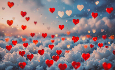 Poster - A field of red hearts floating in the sky. The sky is blue and cloudy. The hearts are scattered all over the sky, creating a sense of love and happiness