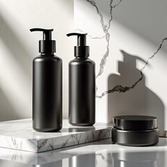 Poster - Black cosmetic bottles on a marble surface