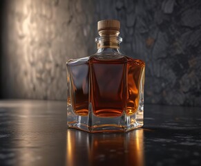 Wall Mural - A sleek square bottle of whiskey sits on a dark gray cement surface next to an empty glass , minimalist, modern, glass