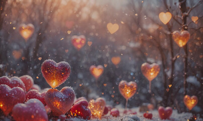 Poster - A snowy forest with many red hearts scattered throughout. The hearts are lit up, creating a warm and cozy atmosphere
