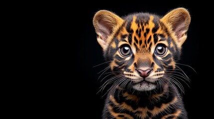 Wall Mural - A Baby Leopard's Gaze: Captivating portrait of a young leopard cub with striking black and orange markings, set against a dramatic black background.