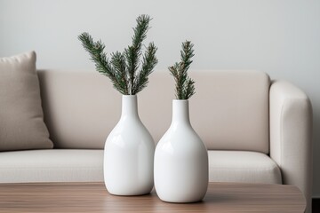 Wall Mural - scandinavian holiday decor, minimalist scandi living room white vases, evergreen twigs on wooden table, holiday dcor, and space for text