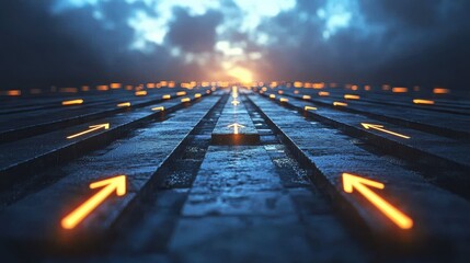 Poster - Dynamic pathway with guiding arrows urban landscape digital concept art twilight environment low angle viewpoint
