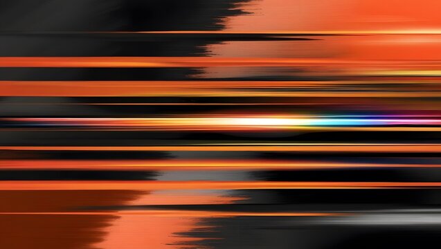 Abstract blurred background with colorful stripes of light on dark orange and black, horizontal lines with gradient effect.