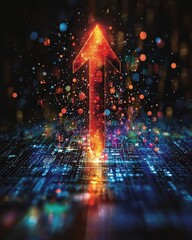 Poster - Dynamic digital arrow rising futuristic cityscape abstract art nighttime upward motion concept for growth and innovation