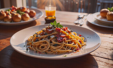 Poster - A plate of pasta with meat and cheese on top. The plate is on a wooden table. There are other plates of food on the table as well