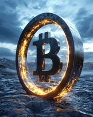 Poster - Bitcoin symbol glowing amidst stormy clouds coastal landscape digital art cryptocurrency conceptualization