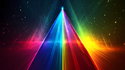 Poster - A futuristic color prism backdrop with angular prisms refracting vivid rainbow colors, with rays of light forming abstract patterns on a sleek, dark gradient background. Prism. Illustration