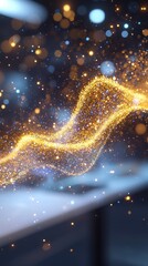 Poster - Dynamic golden sparkle wave digital studio abstract art nighttime close-up visual concept for creativity