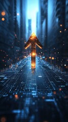 Poster - Digital arrow rising through futuristic cityscape high-tech environment perspective on innovation and progress